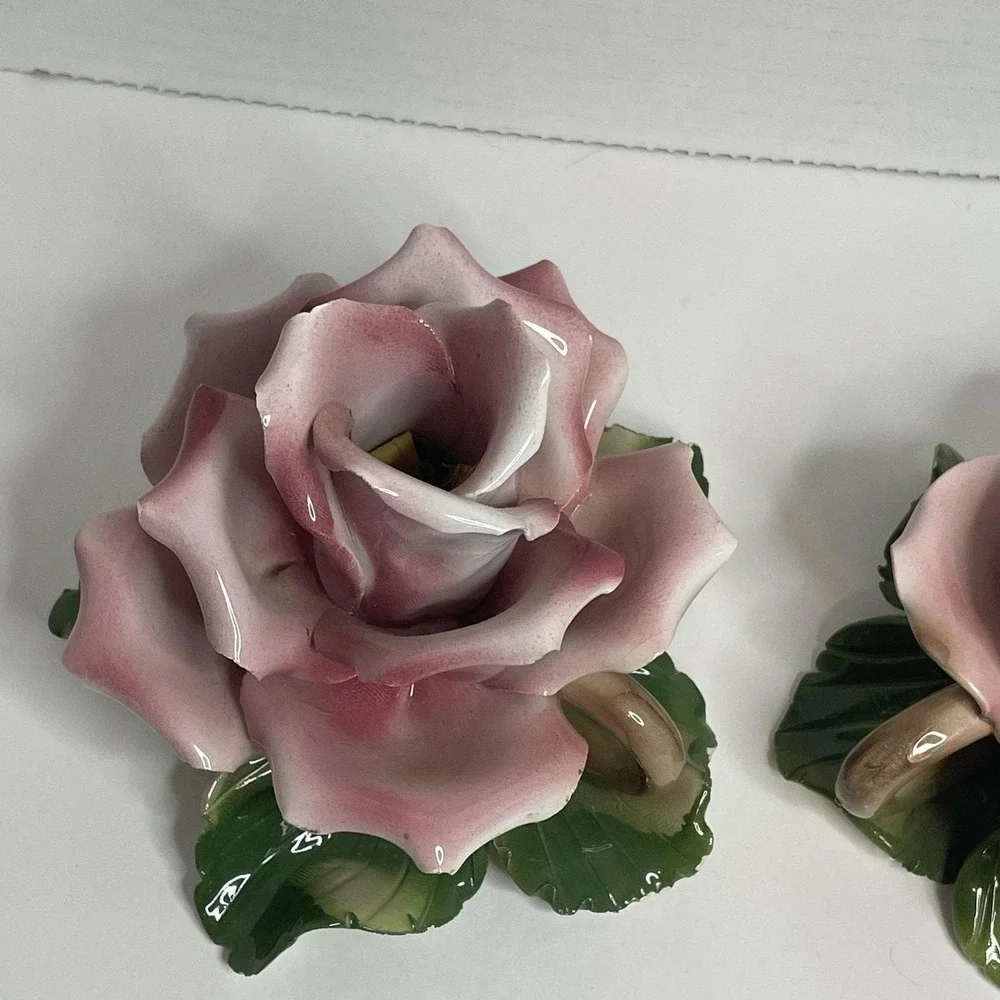 Capodimonte Glazed Porcelain Rose Candle Holder Made In Italy Set 2 1950s VTG